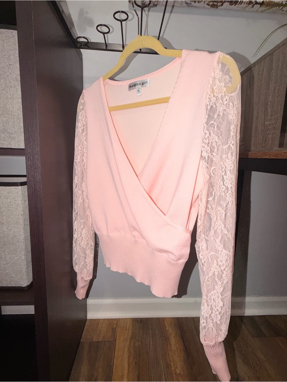 Madden Girl Light Pink Lace-Sleeve Surplice Sweater Top